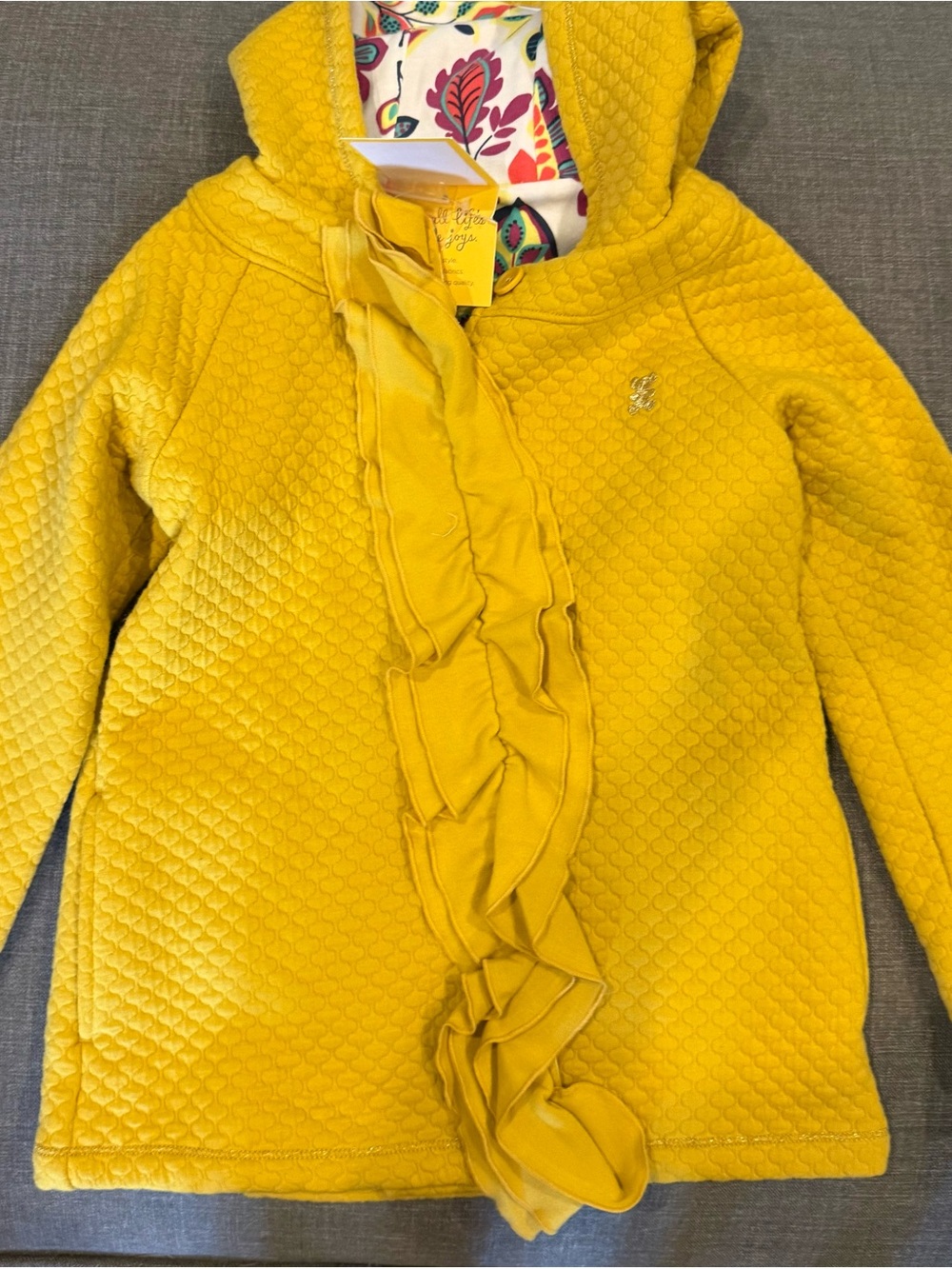 Hallmark Girls' Yellow Quilted Hooded Jacket with Ruffle Front